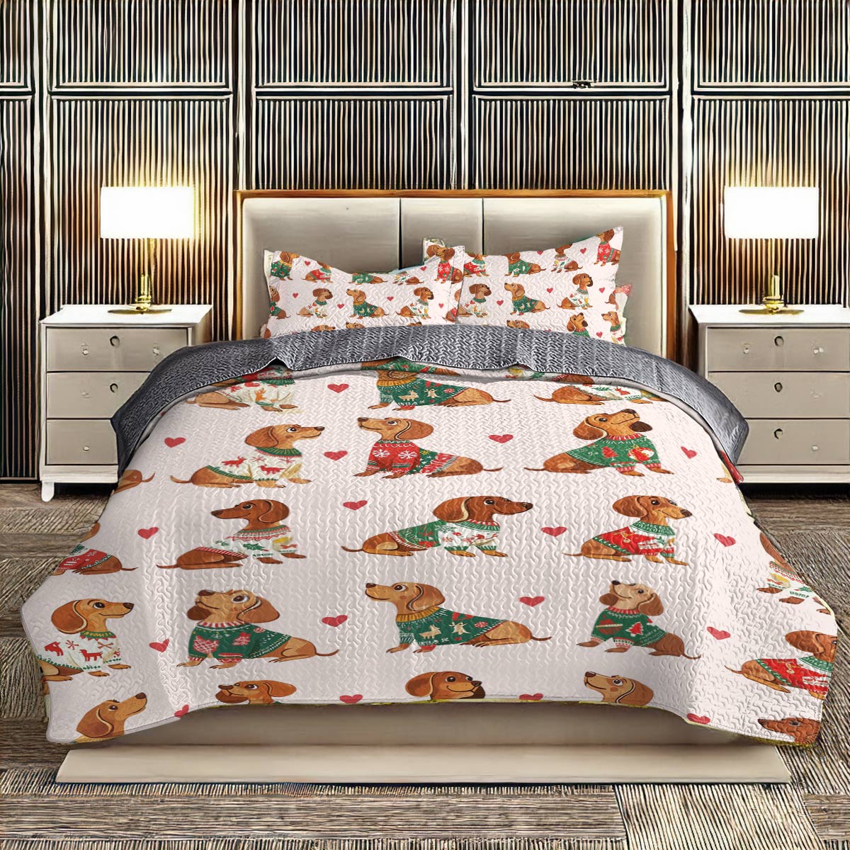 Shineful All Season Quilt 3-Piece Set - Festive Dachshund Sweater Delight