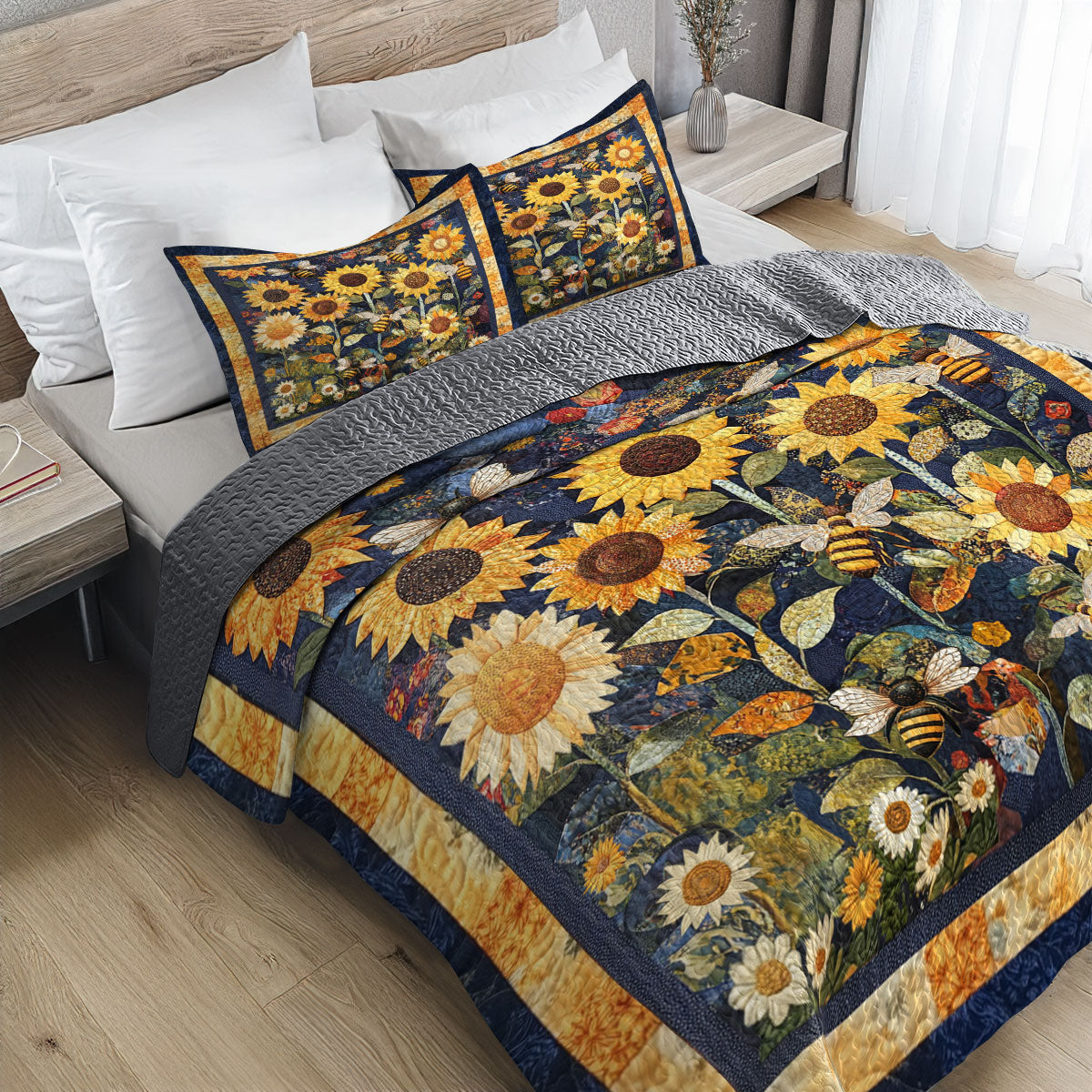 Shineful All Season Quilt 3-Piece Set Golden Sunflower Dream