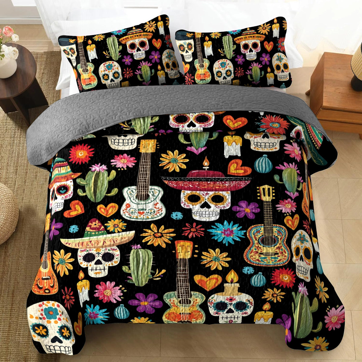 Shineful All Season Quilt 3-Piece Set Fiesta of Skulls
