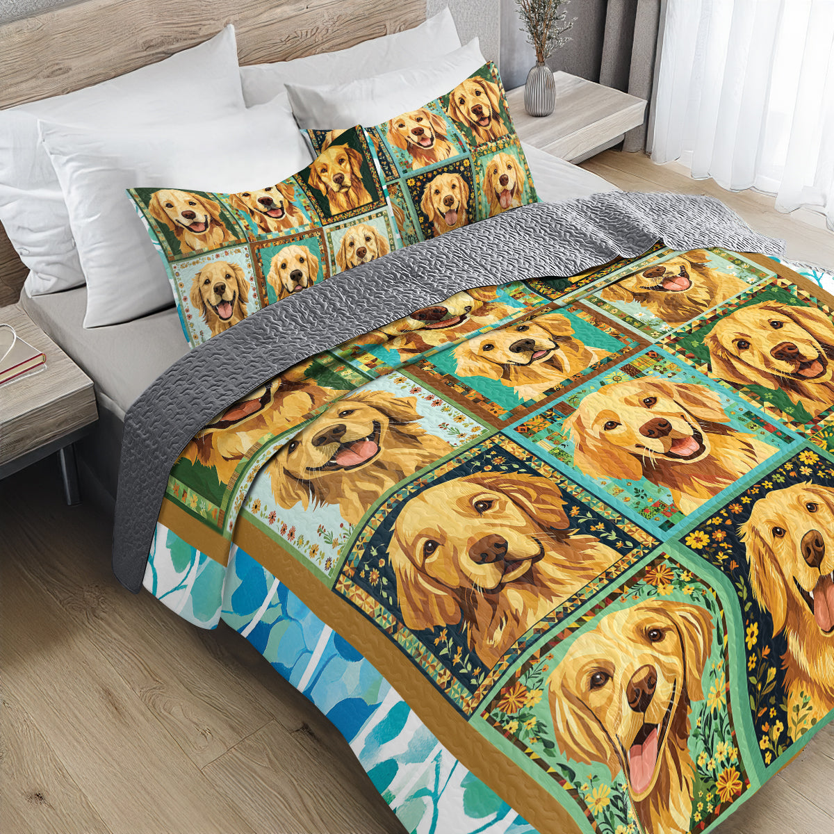 Shineful All Season Quilt 3-Piece Set - Radiant Golden Retriever Smiles