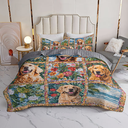 Shineful All Season Quilt 3-Piece Set  Golden Retriever Beach & Floral