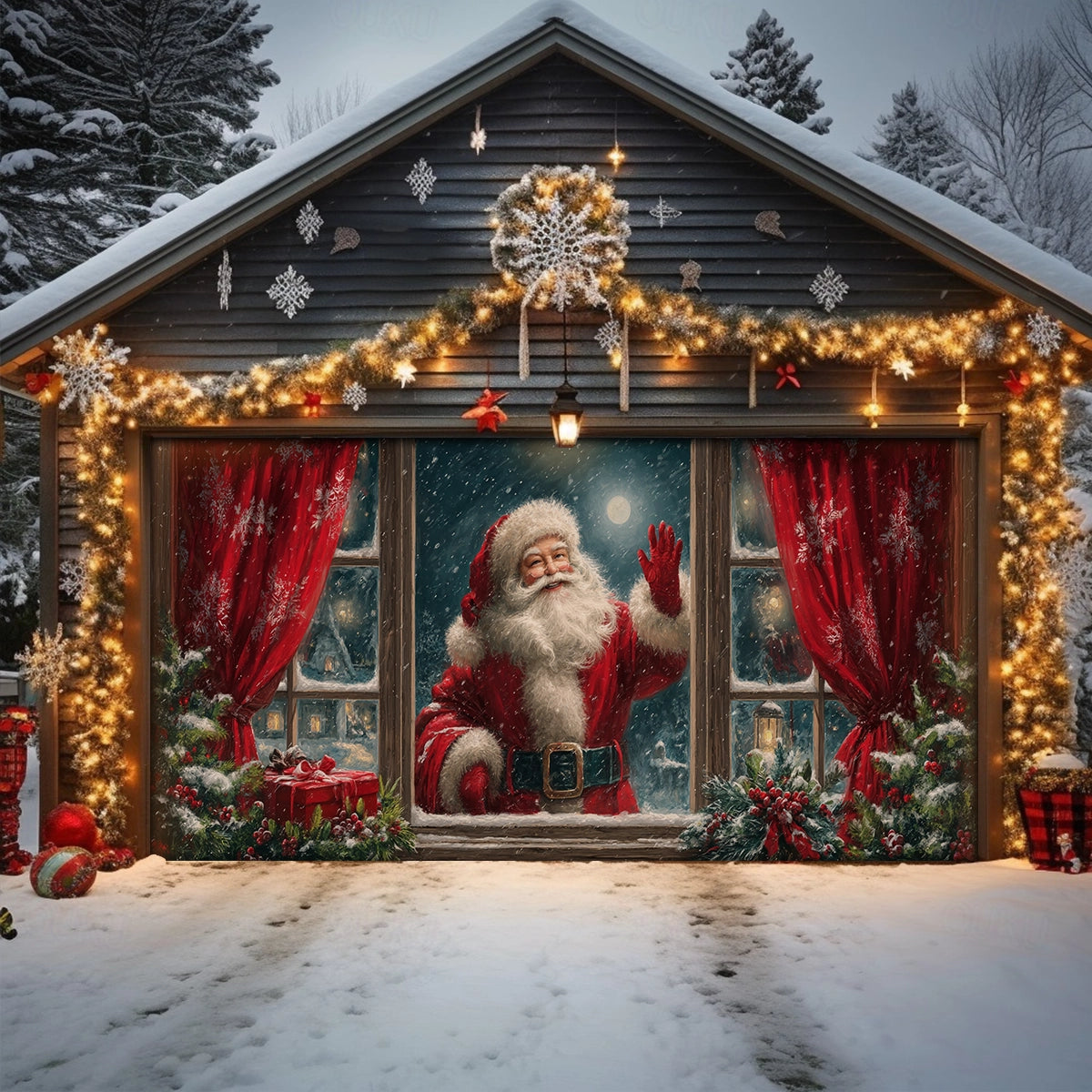Shineful Garage Door Banner Decoration Santa at the Window Christmas