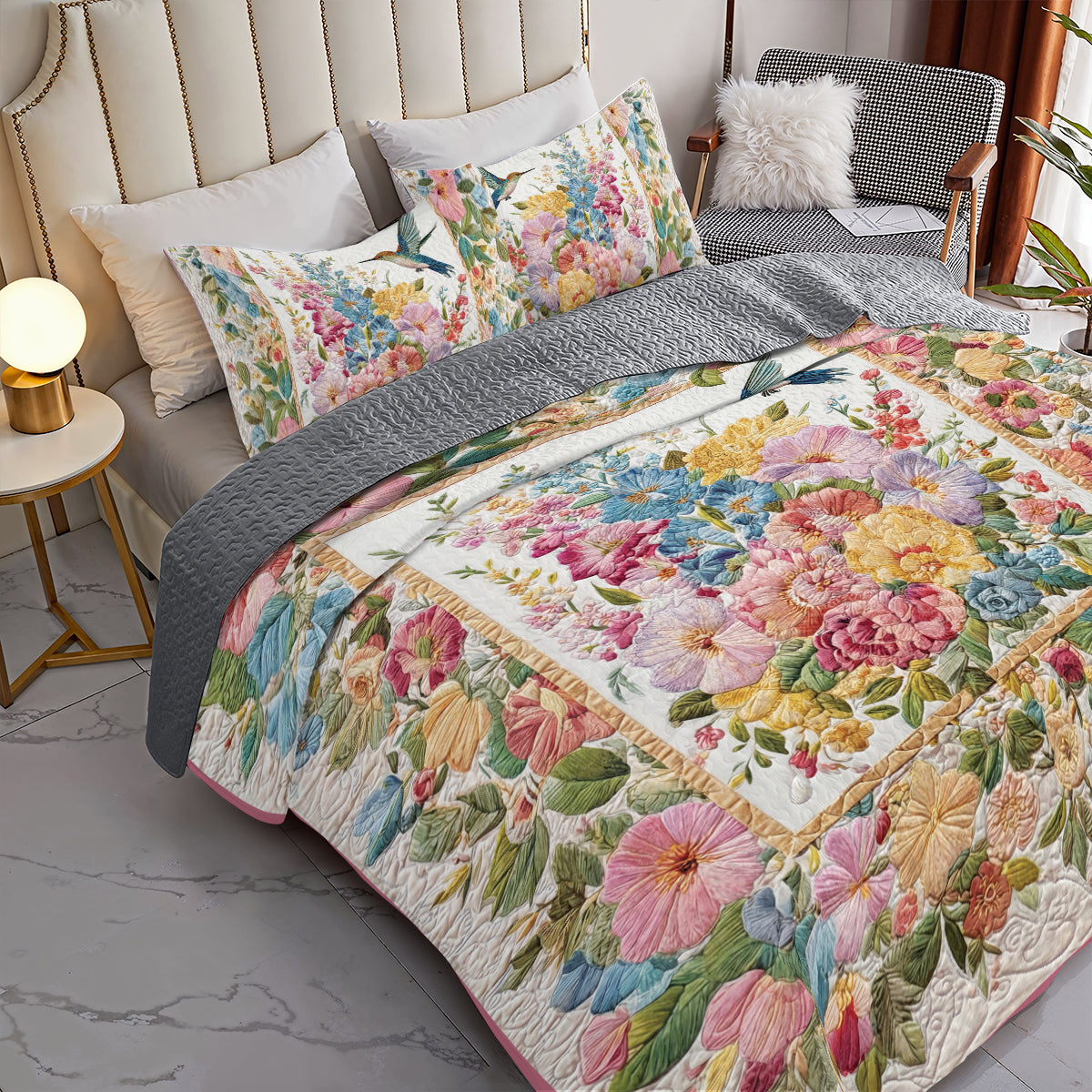 Shineful All Season Quilt 3-Piece Set Floral Hummingbird Garden
