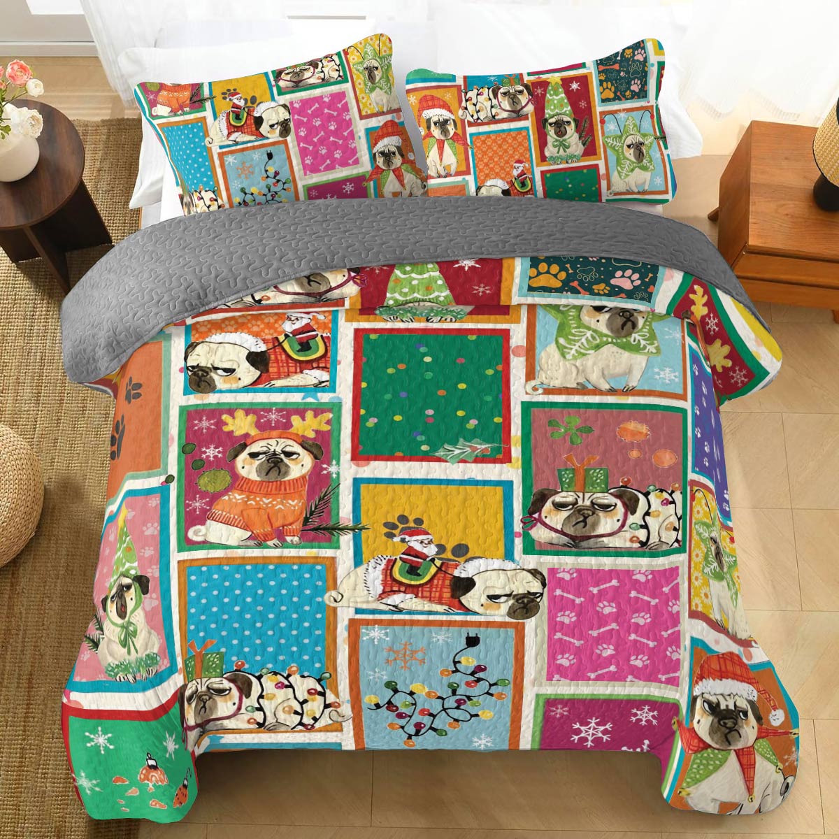 Shineful All Season Quilt 3-Piece Set Puggy Holiday