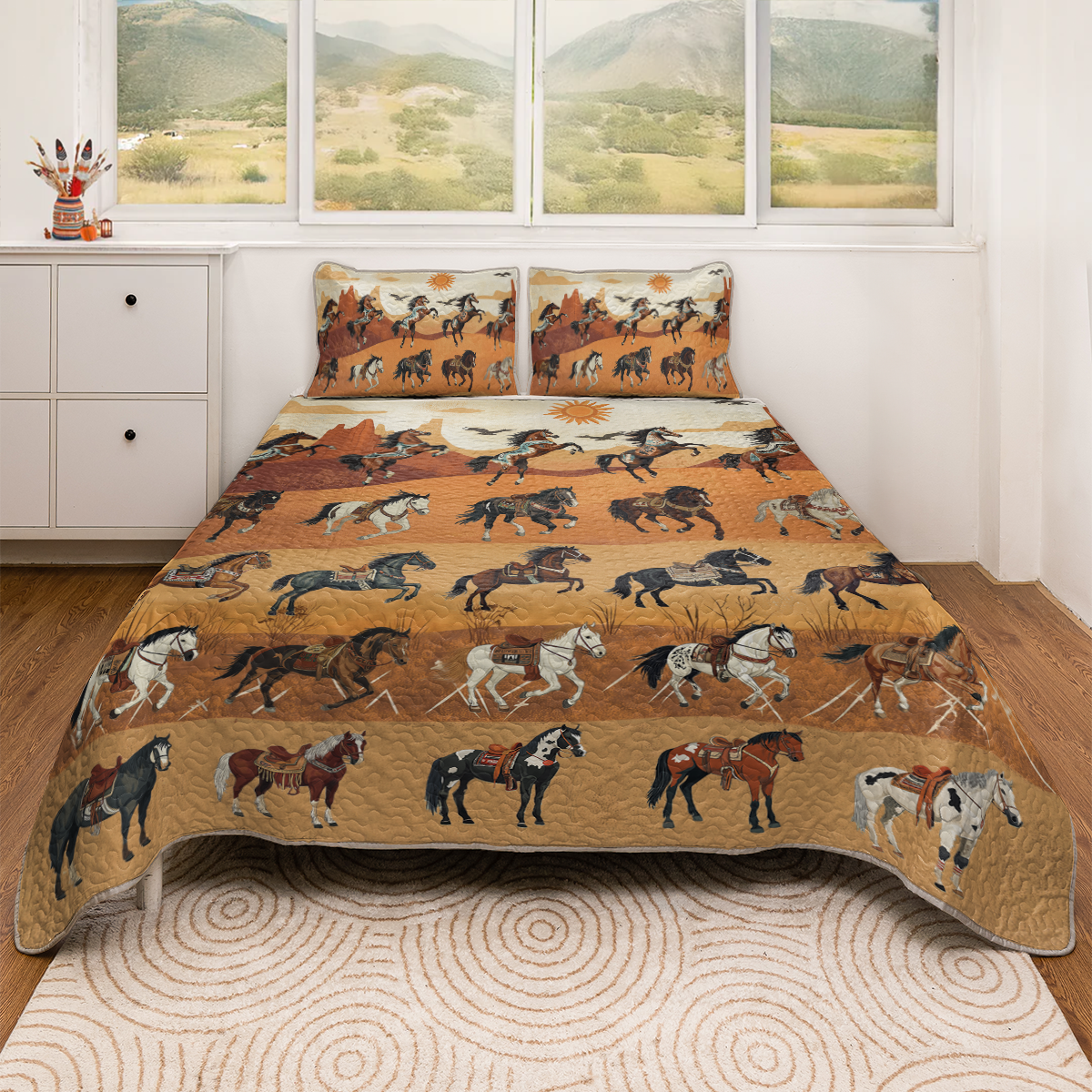 Shineful All Season Quilt 3-Piece Set Native America Horses In Motion