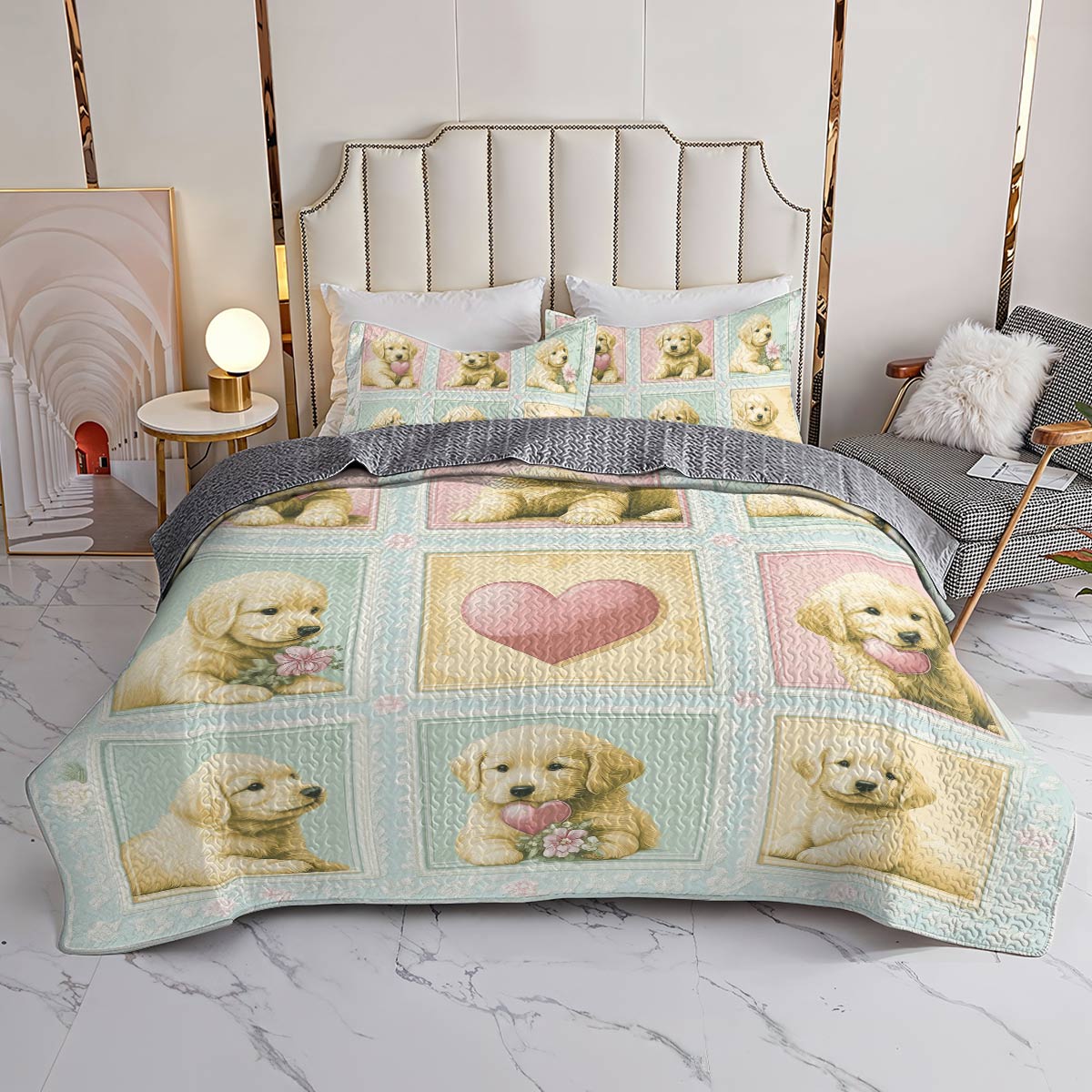 Shineful All Season Quilt 3-Piece Set - Golden Retriever Puppy Love