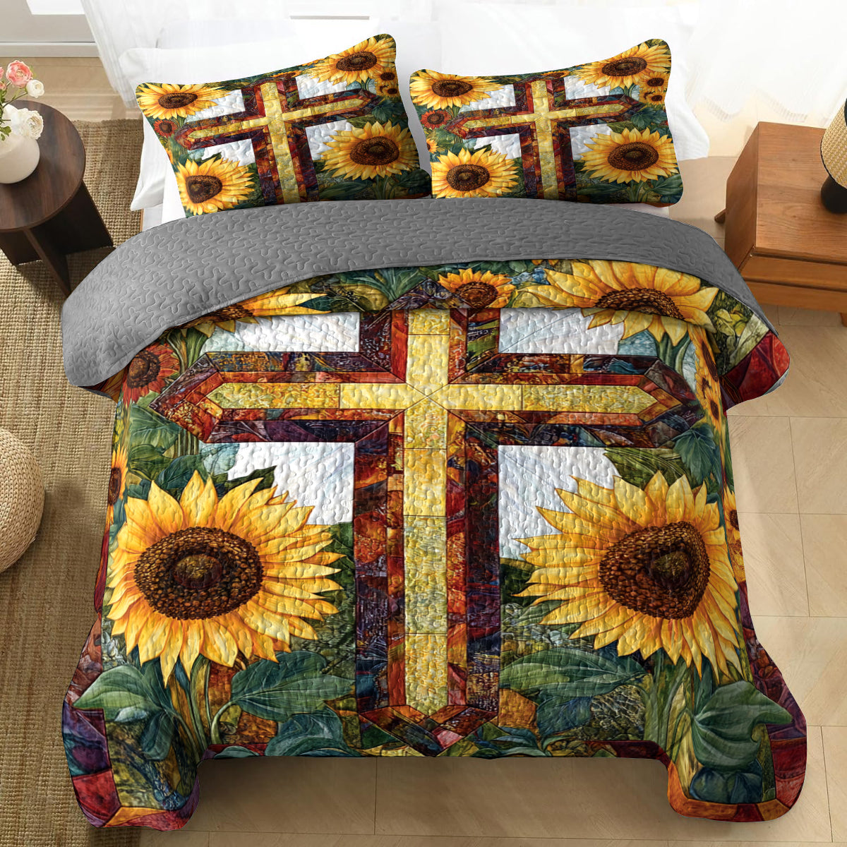 Shineful All Season Quilt 3-Piece Set Sunflower Cross