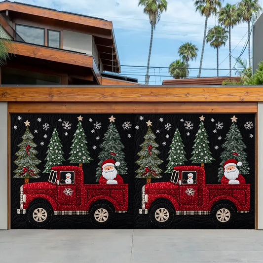 Shineful Garage Door Banner Decoration Santa’s Red Truck and Festive Pines