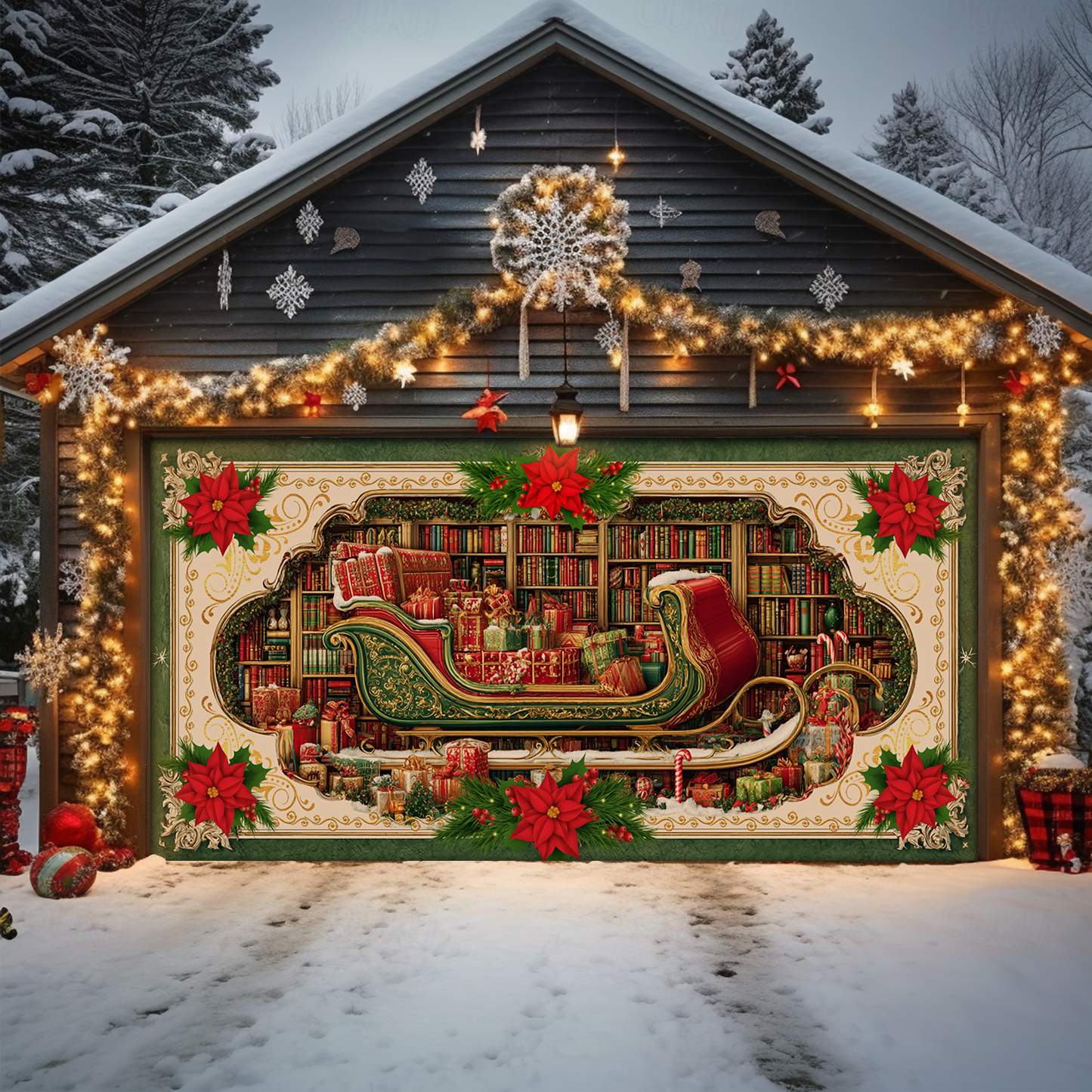 Shineful Garage Door Banner Decoration Santa’s Library
