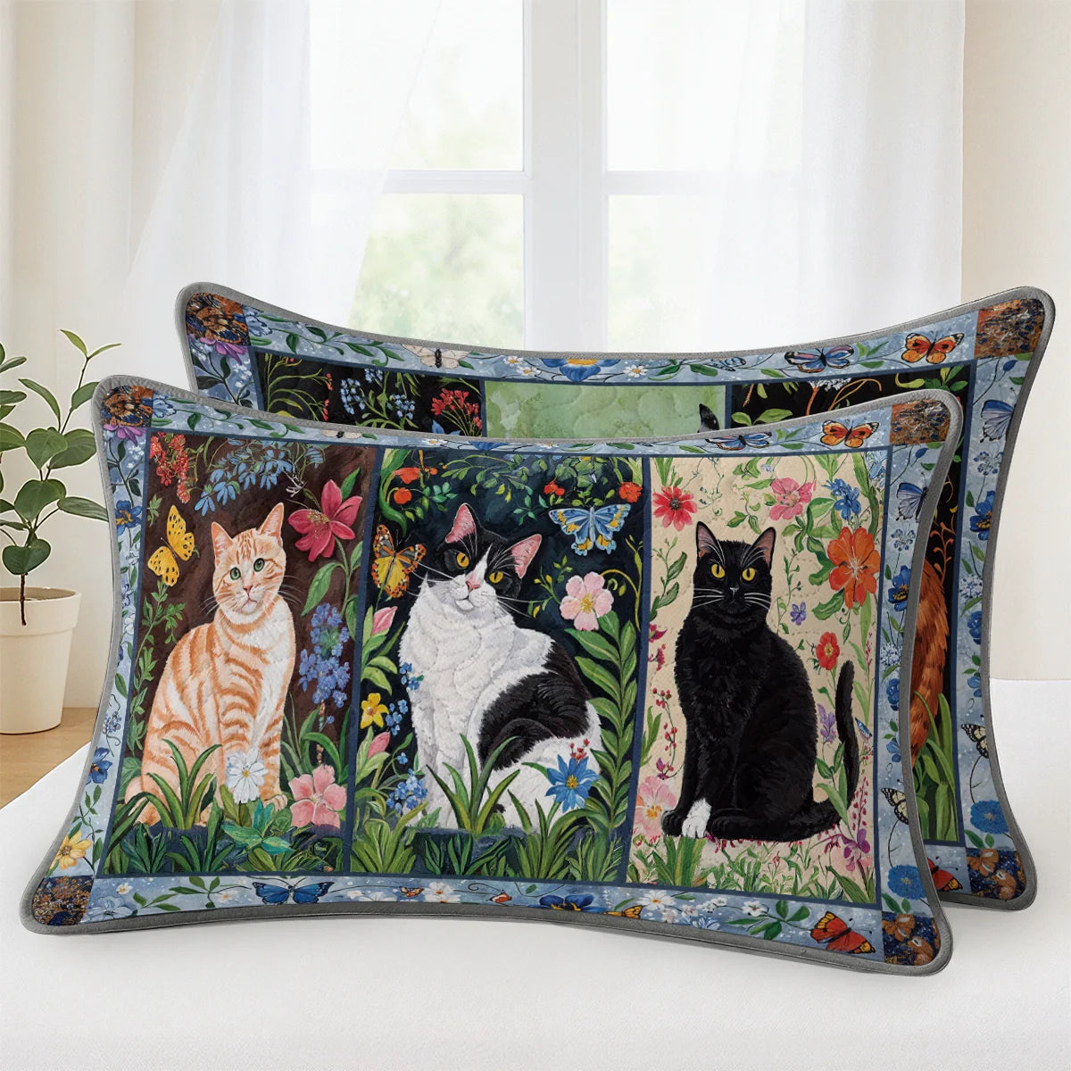Shineful Quilt 3-Piece Set Cat Floral Felines
