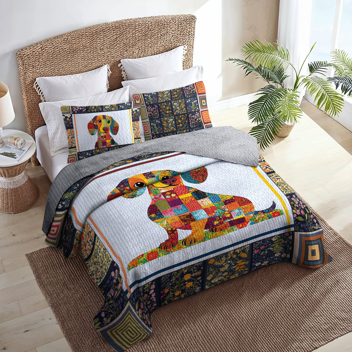 Shineful All Season Quilt 3-Piece Set - Happy Dachshund With Beautiful Flowers