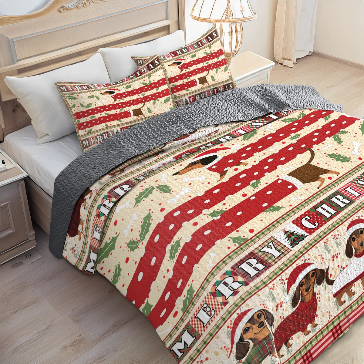 Shineful All Season Quilt 3-Piece Set - Christmas Playful Dachshund