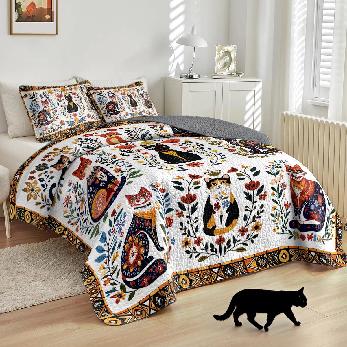 Shineful All Season Quilt 3-Piece Set Folk Art Cat Garden