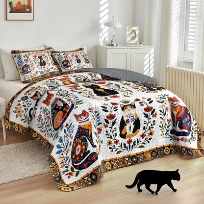 Shineful All Season Quilt 3-Piece Set Folk Art Cat Garden
