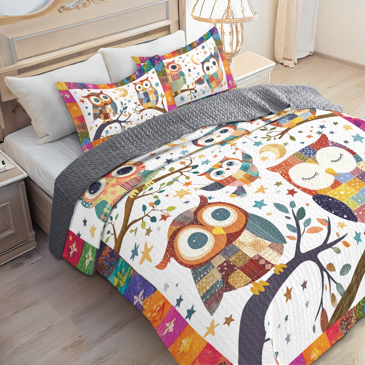 Shineful All Season Quilt 3-Piece Set Owl Patchwork