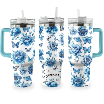 Shineful Tumbler Personalized Blue Peonies and Butterfly