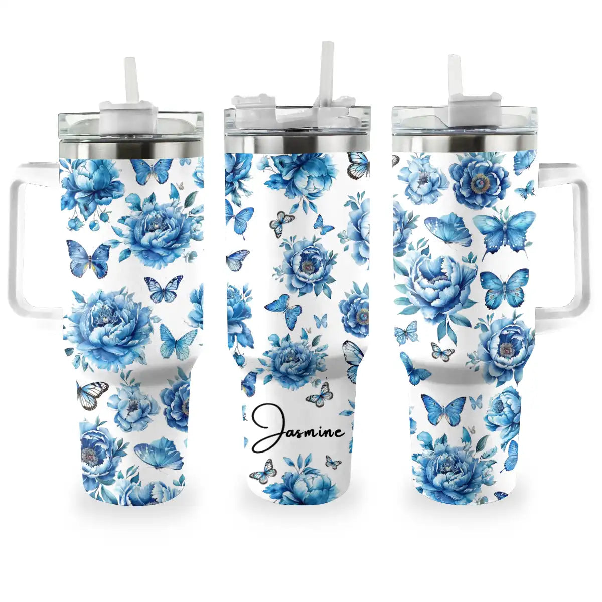 Shineful Tumbler Personalized Blue Peonies and Butterfly