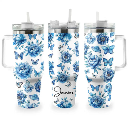 Shineful Tumbler Personalized Blue Peonies and Butterfly