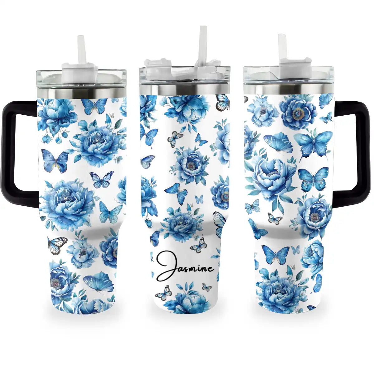 Shineful Tumbler Personalized Blue Peonies and Butterfly