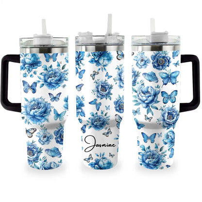 Shineful Tumbler Personalized Blue Peonies and Butterfly