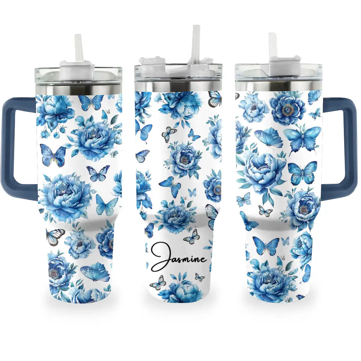 Shineful Tumbler Personalized Blue Peonies and Butterfly