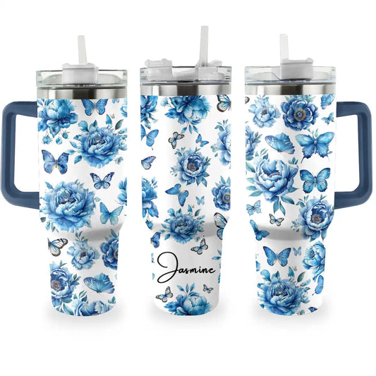 Shineful Tumbler Personalized Blue Peonies and Butterfly