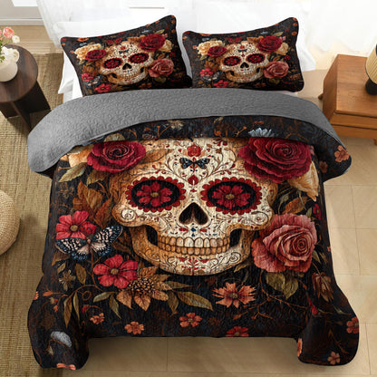 Shineful All Season Quilt 3-Piece Set - Dark Bloom Sugar Skull