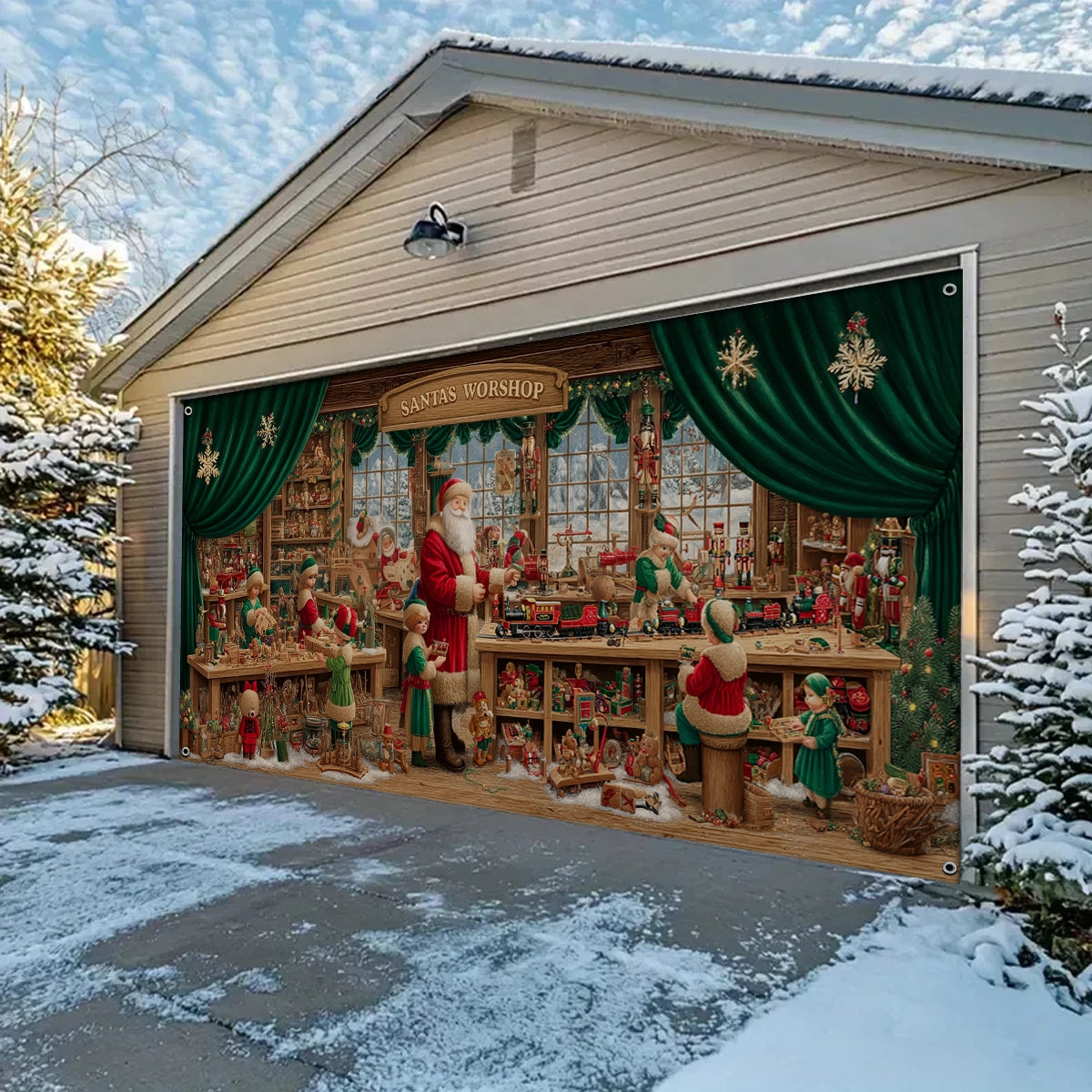 Shineful Garage Door Banner Decoration Santa’s Emerald Toy Workshop