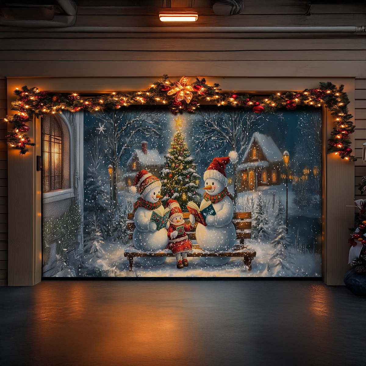 Shineful Garage Door Banner Decoration - Snowman Family Reading