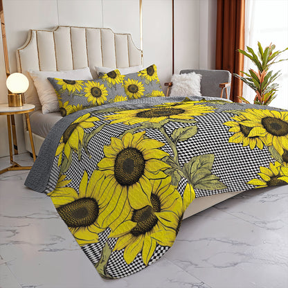 Shineful All Season Quilt 3-Piece Set Classic Sunflower And Plaid Pattern