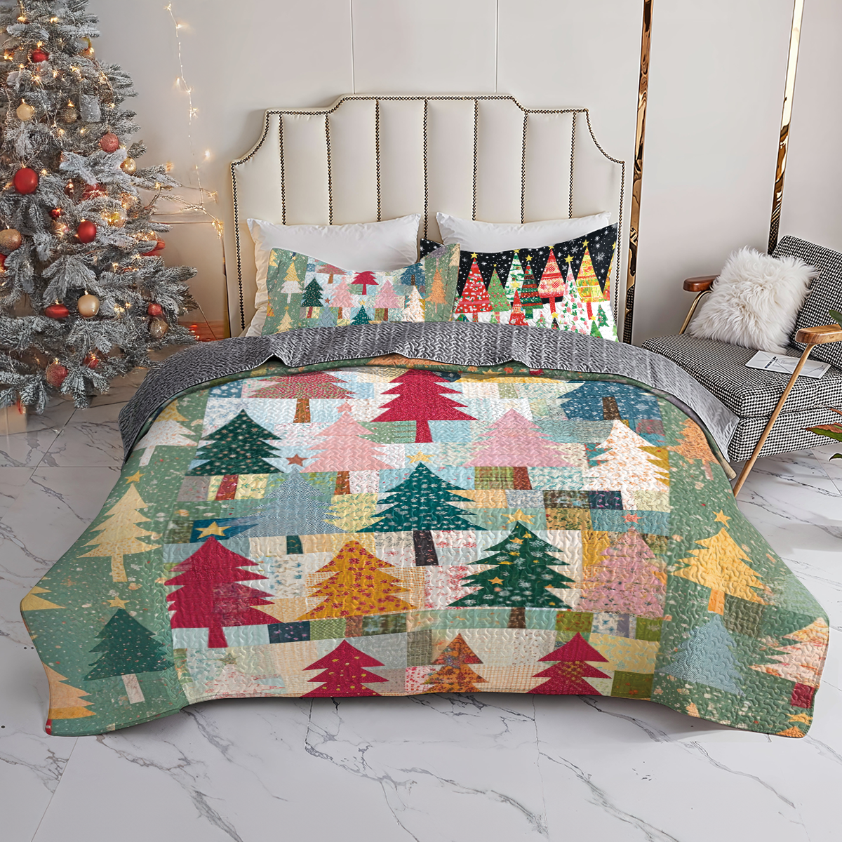 Shineful All Season Quilt 3-Piece Set Patchwork Christmas Tree
