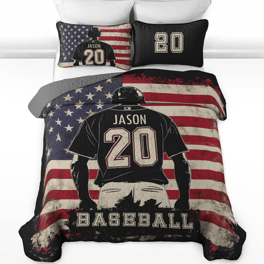 Shineful All Season Quilt 3-Piece Set - Personalized Baseball American Spirit