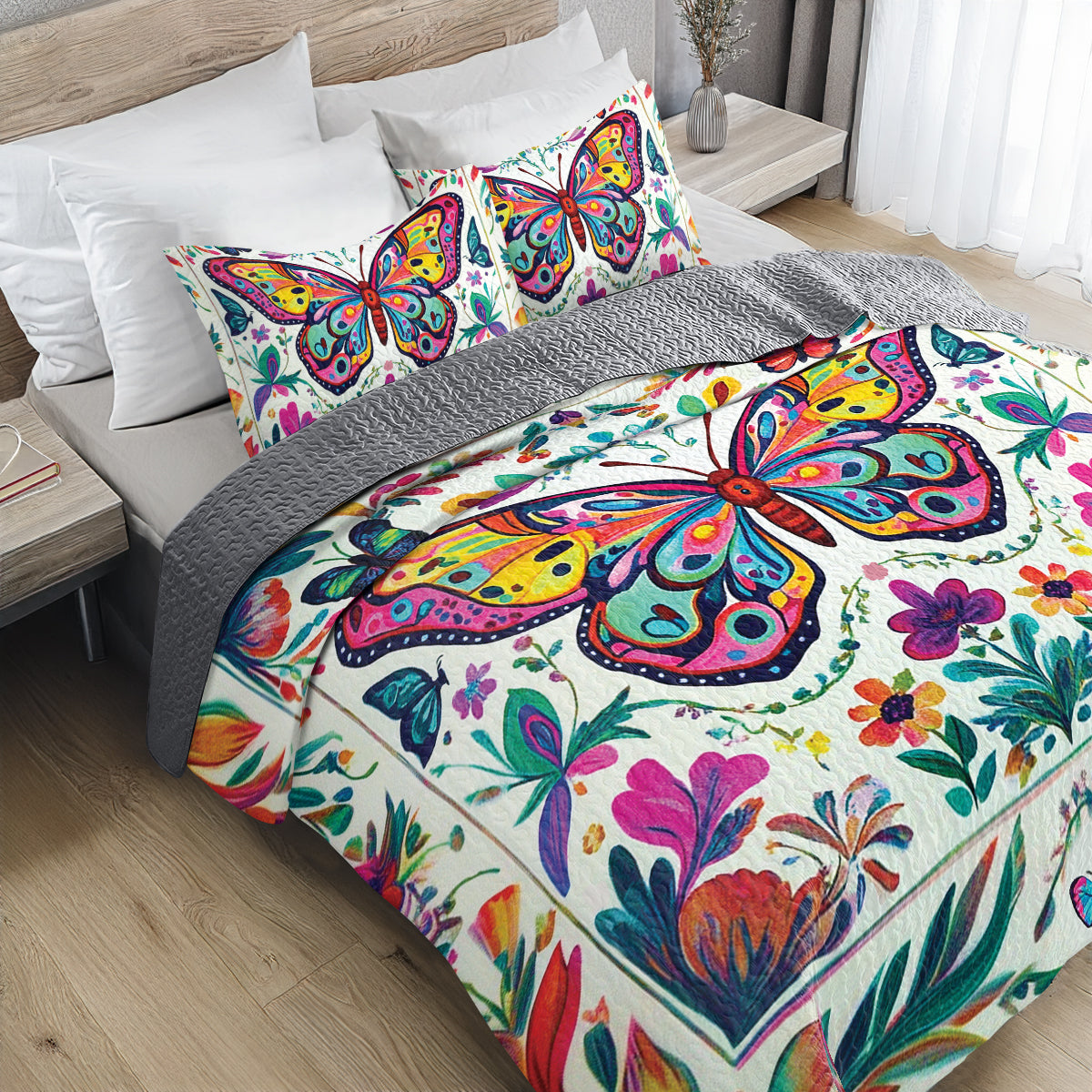 Shineful All Season Quilt 3-Piece Set - Vibrant Garden Butterfly