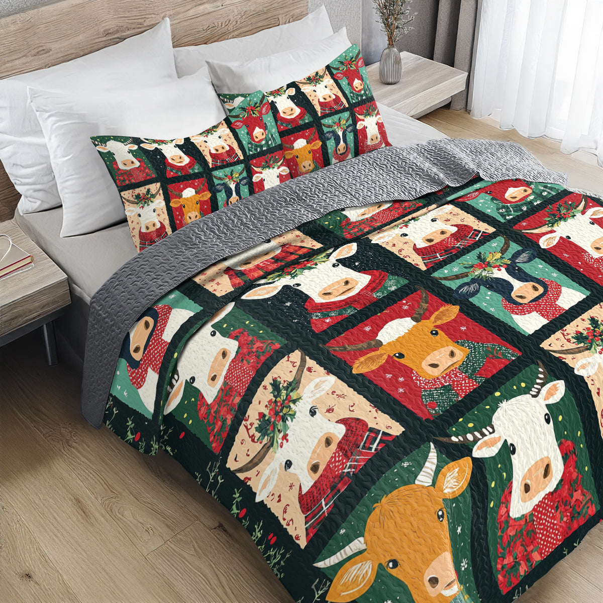 Shineful All Season Quilt 3-Piece Set Joyful Christmas Cow