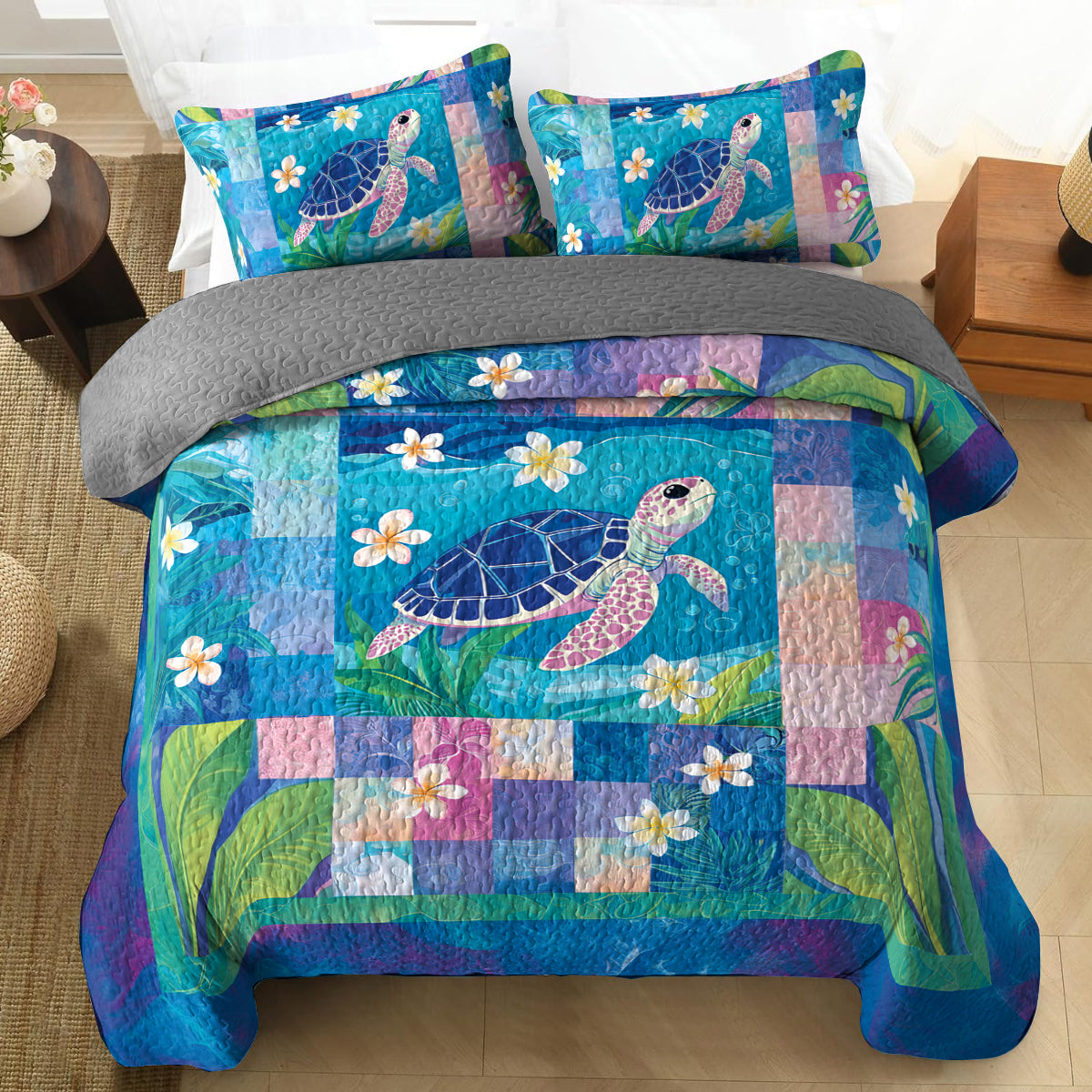 Shineful All Season Quilt 3-Piece Set Plumeria Sea Turtle