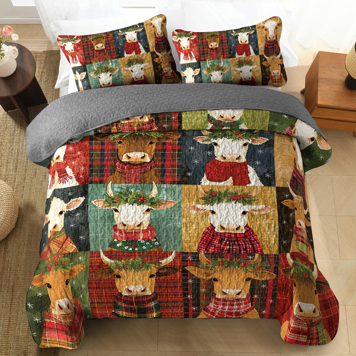 Shineful All Season Quilt 3-Piece Set Joyful Winter Cows