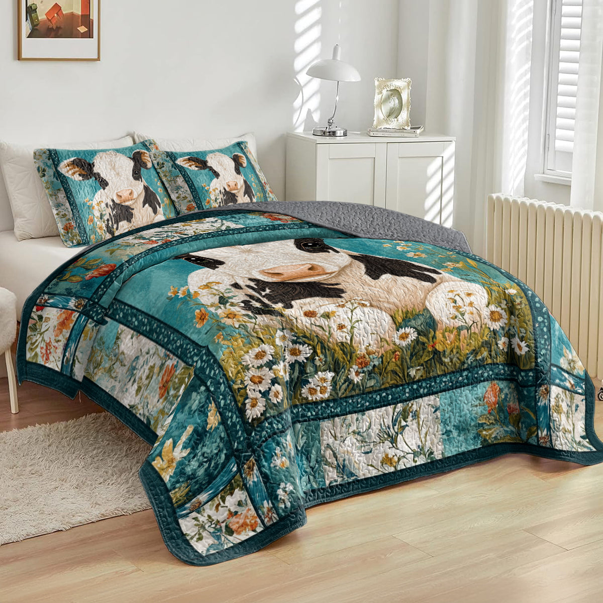 Shineful All Season Quilt 3-Piece Set Cozy Floral Cow