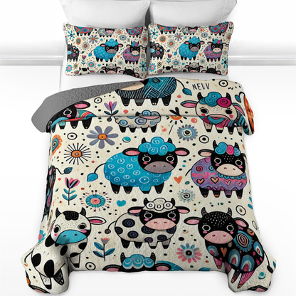 Shineful All Season Quilt 3-Piece Set - Whimsy Cows in Colorful Fields