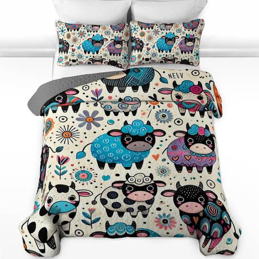 Shineful All Season Quilt 3-Piece Set - Whimsy Cows in Colorful Fields