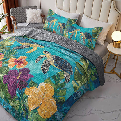 Shineful All Season Quilt 3-Piece Set - Sea Turtle & Tropical Flower