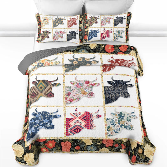 Shineful All Season Quilt 3-Piece Set Floral Highland Cow