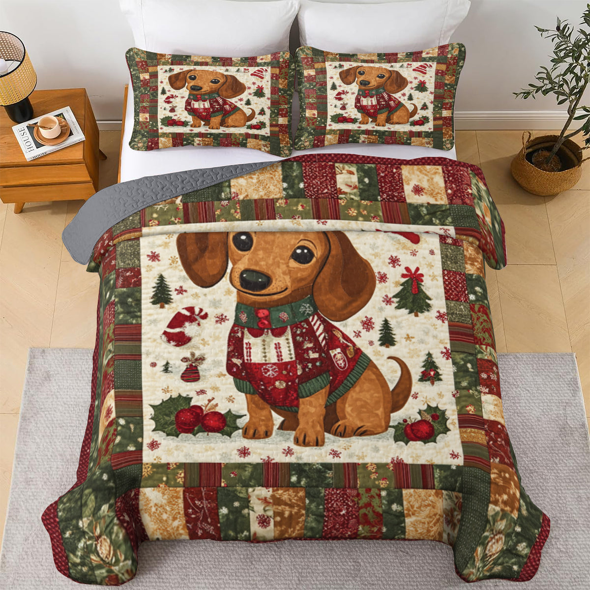 Shineful All Season Quilt 3-Piece Set Christmas Dachshund