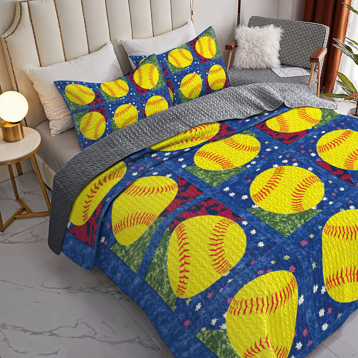 Shineful All Season Quilt 3-Piece Set Softball Patchwork