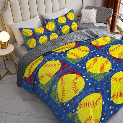 Shineful All Season Quilt 3-Piece Set Softball Patchwork