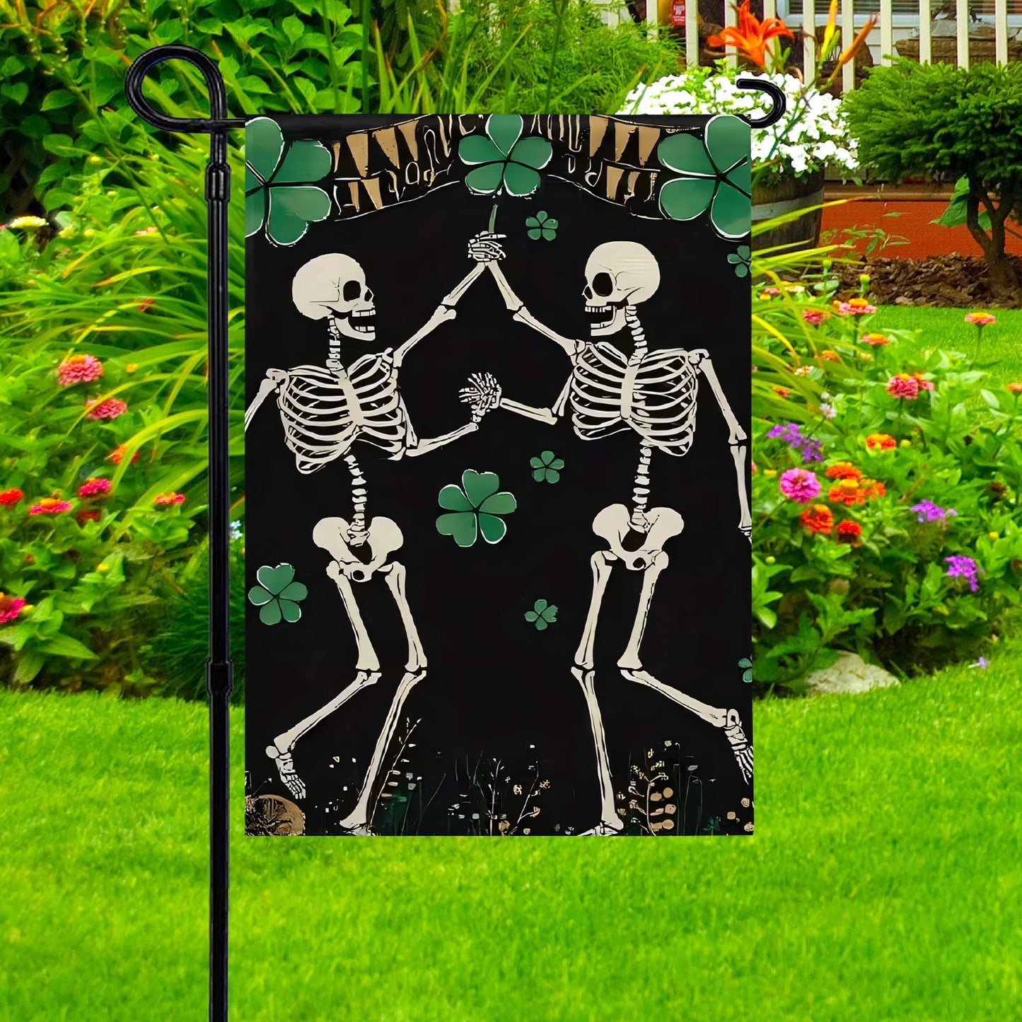 Shineful Gargen Flag 12" x 18" - Shamrock Skeleton Dance