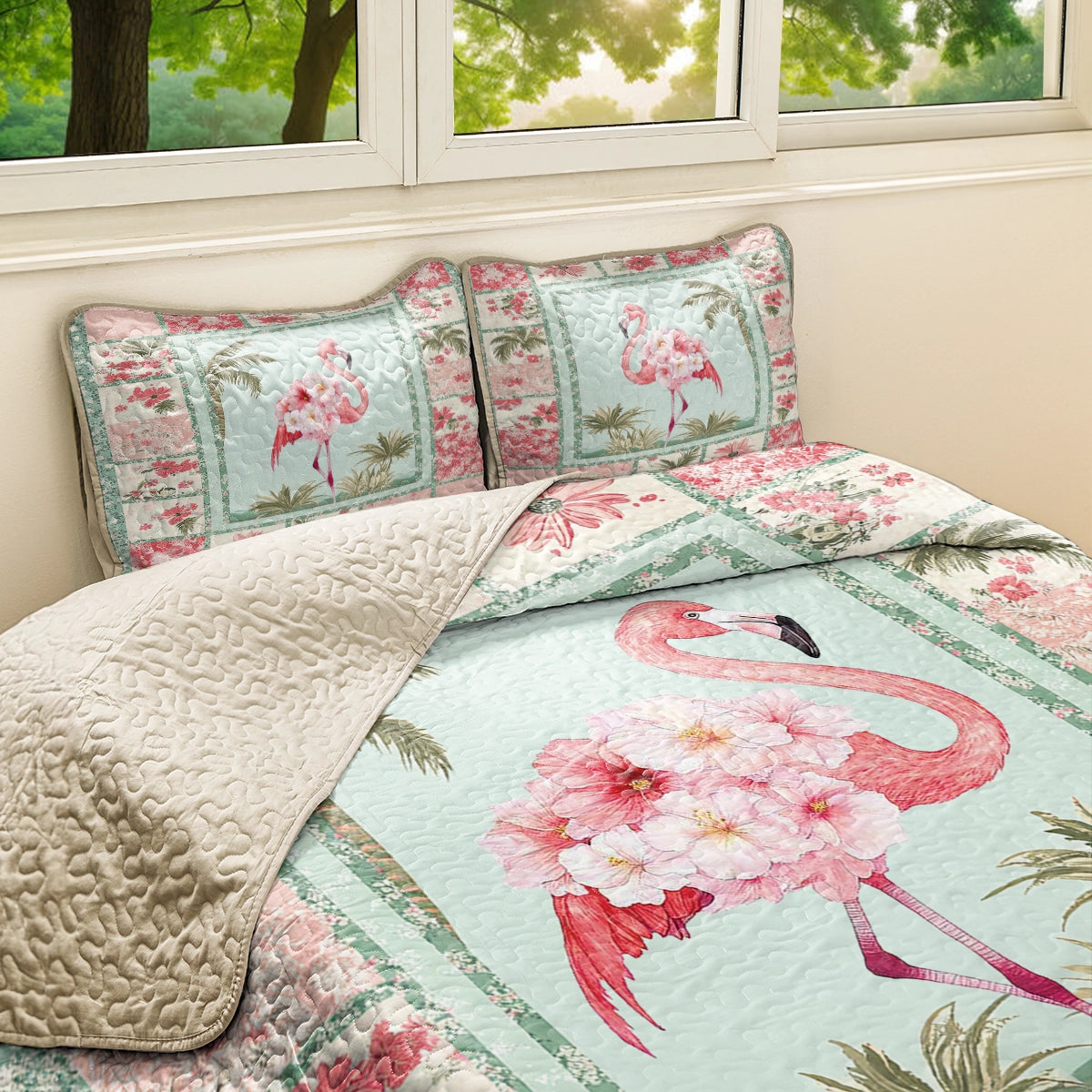 Shineful All Season Quilt 3-Piece Set - Light Pink Tropical Flamingo