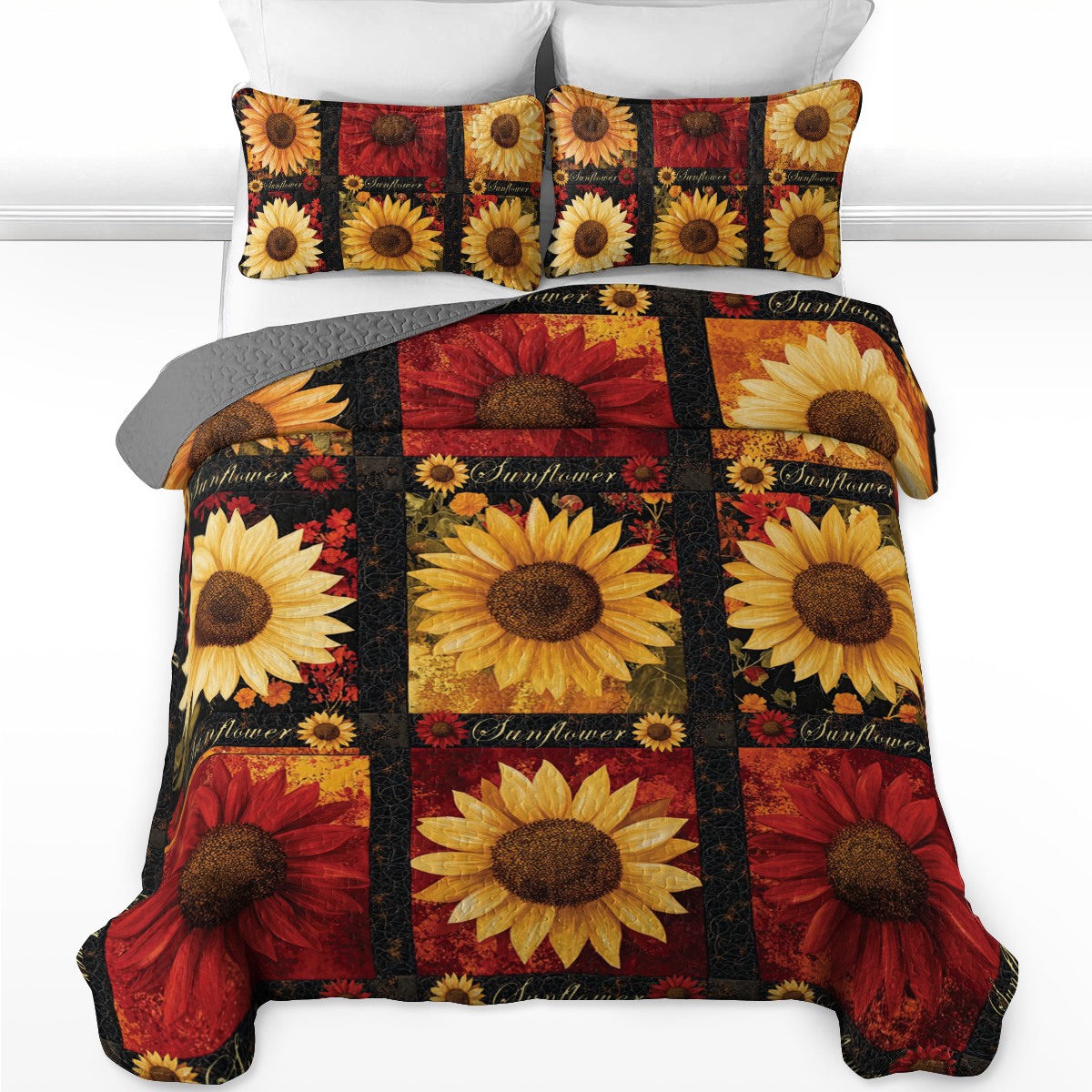 Shineful All Season Quilt 3-Piece Set - Golden Scarlet Sunflower Bloom