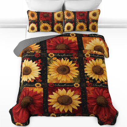 Shineful All Season Quilt 3-Piece Set - Golden Scarlet Sunflower Bloom