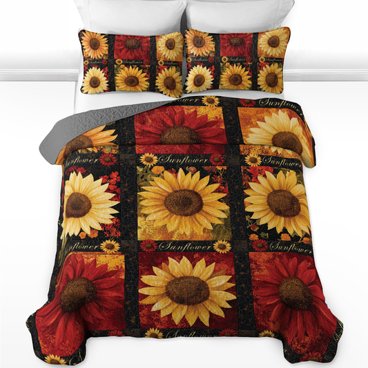 Shineful All Season Quilt 3-Piece Set - Golden Scarlet Sunflower Bloom