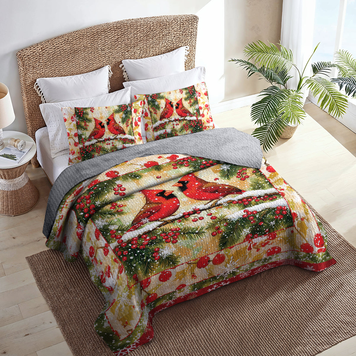 Shineful All Season Quilt 3-Piece Set - Cardinal Pair: Holiday Snowfall